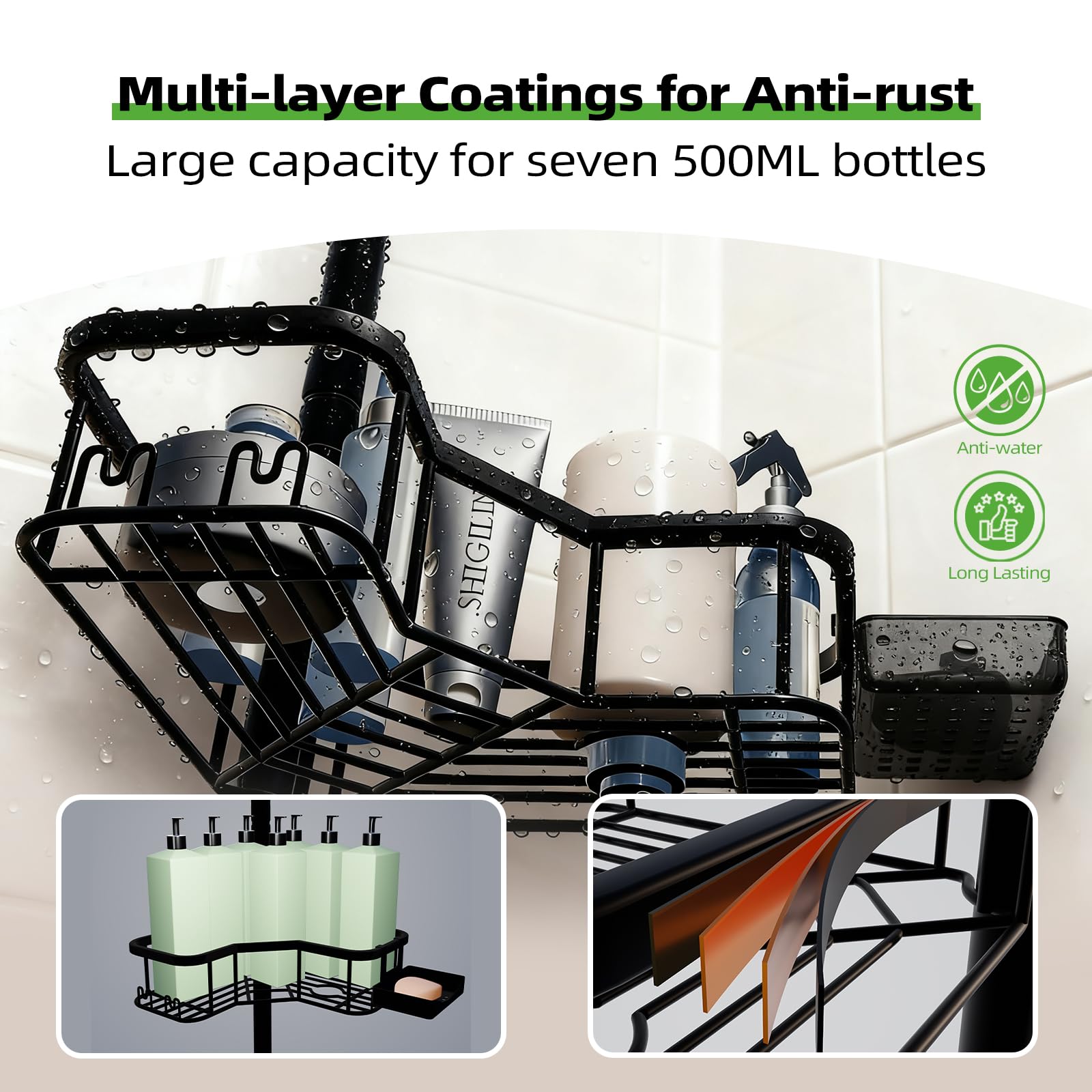 Anti-tip springs and non-slip feet stabilize the caddy on corners.
