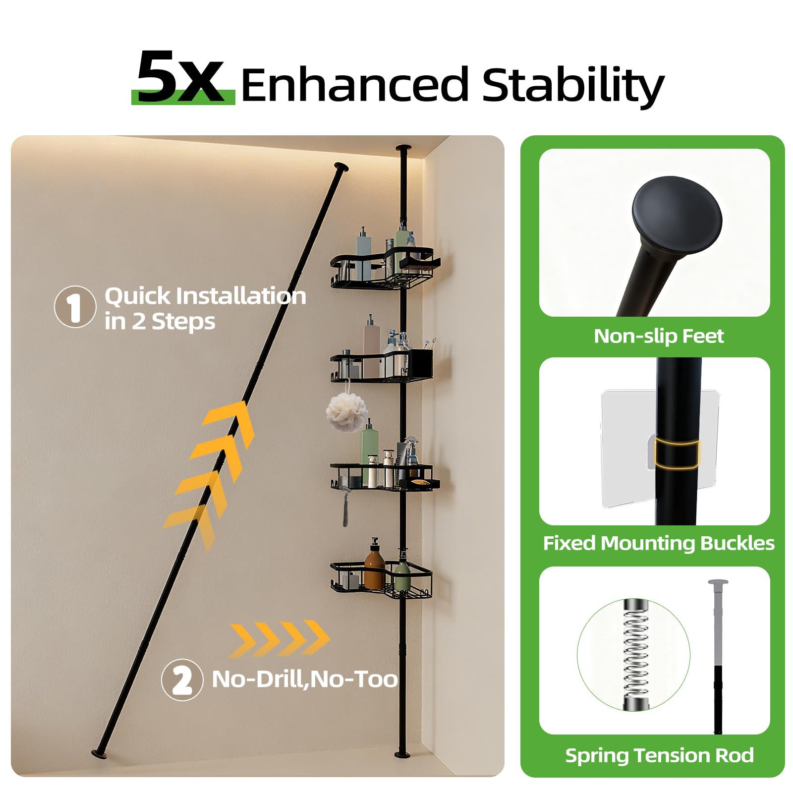 Four shelves, two soap dishes, and a toothbrush holder maximize bath organization.