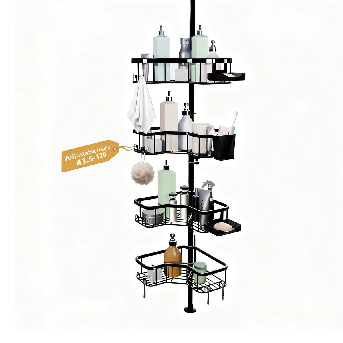 Zuhger corner shower caddy with 4-tier design in black for organized bathroom storage.