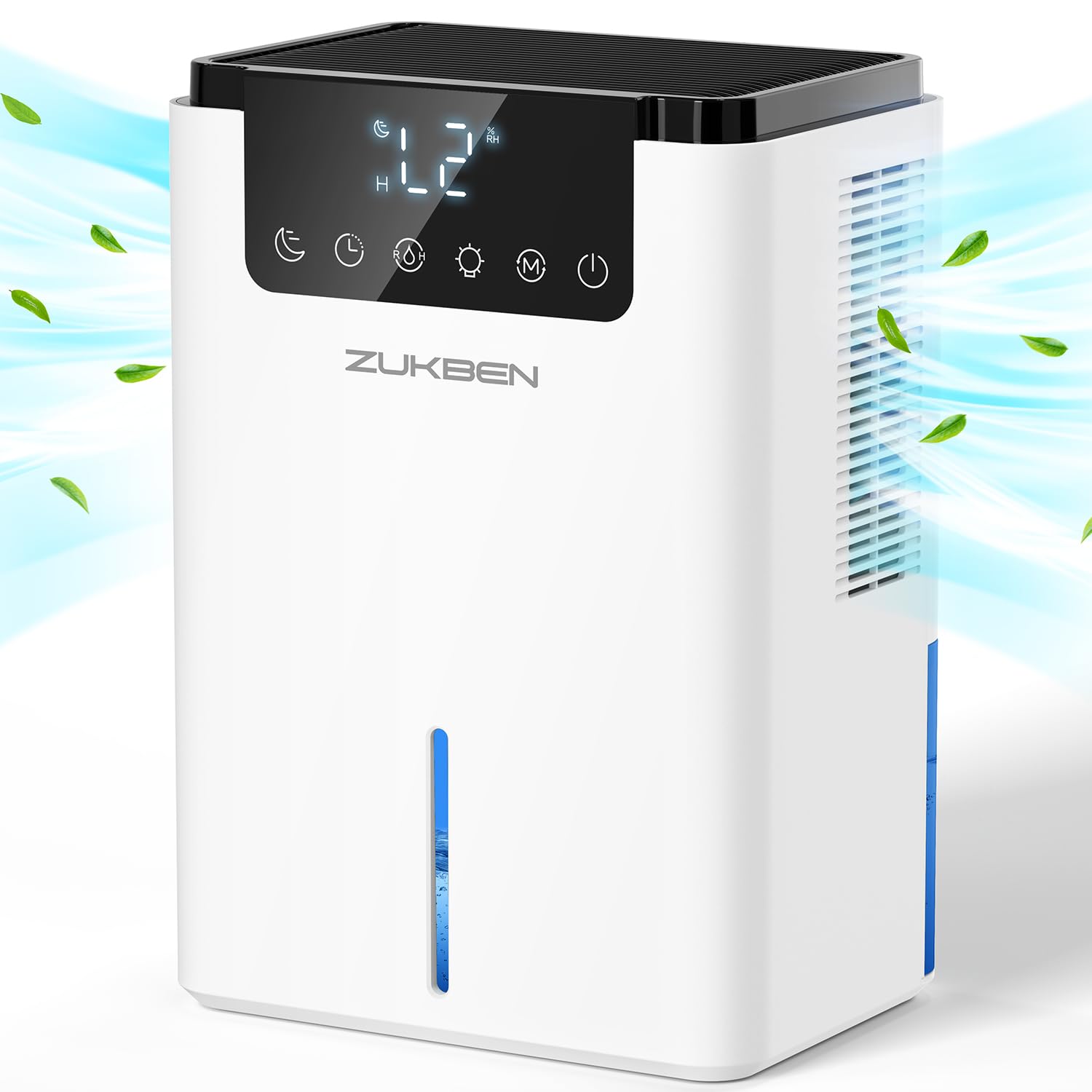 ZUKBEN dehumidifier front view showing 75oz tank for efficient moisture control in small rooms