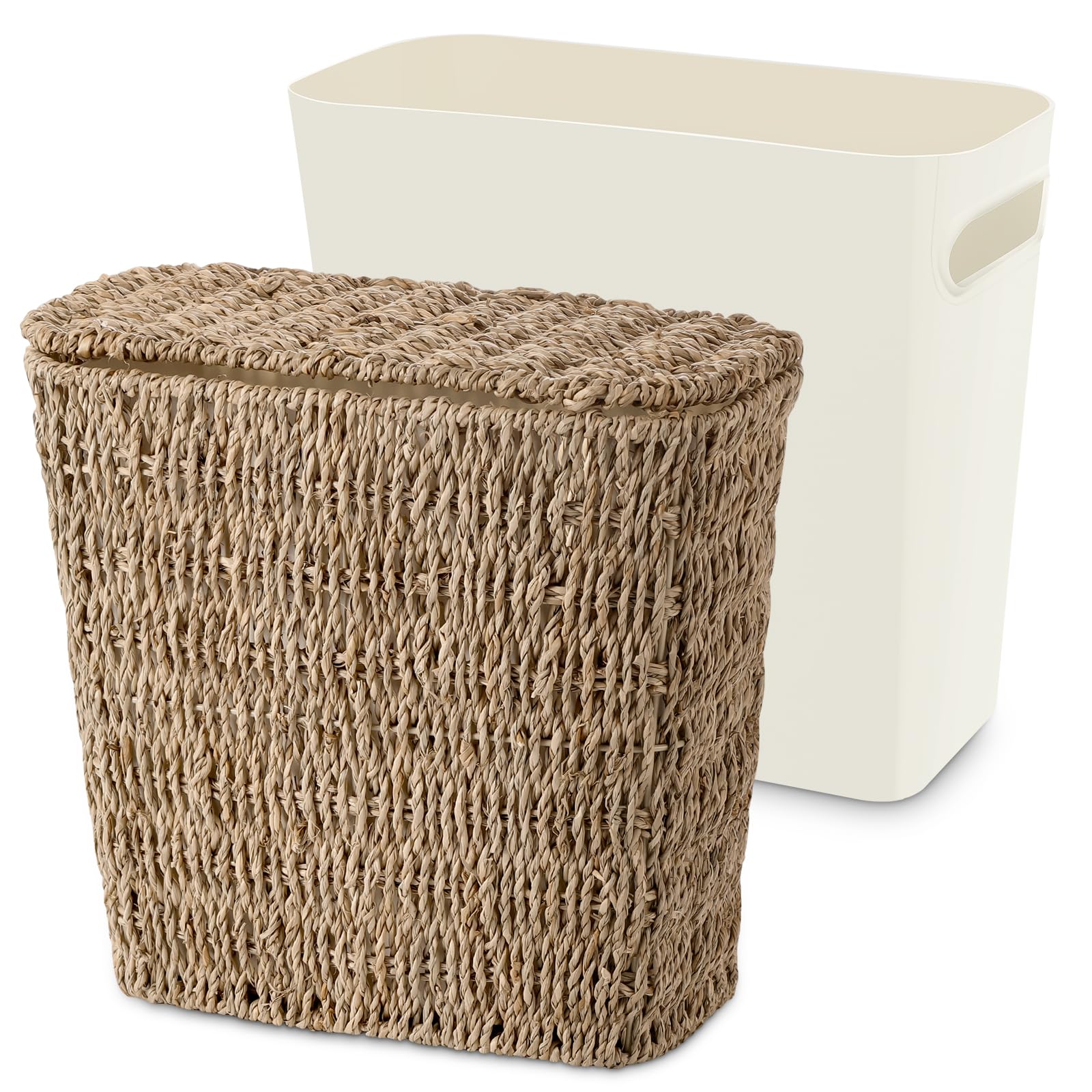 ZUNKNOD wicker waste basket with lid offers durable seagrass and concealed waste.