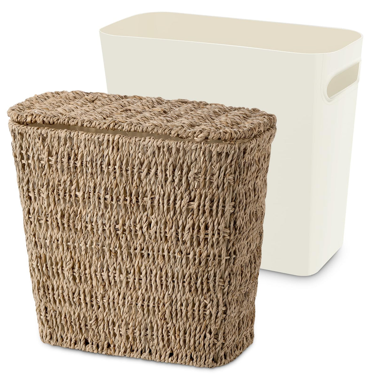 ZUNKNOD wicker waste basket with lid offers durable seagrass and concealed waste.