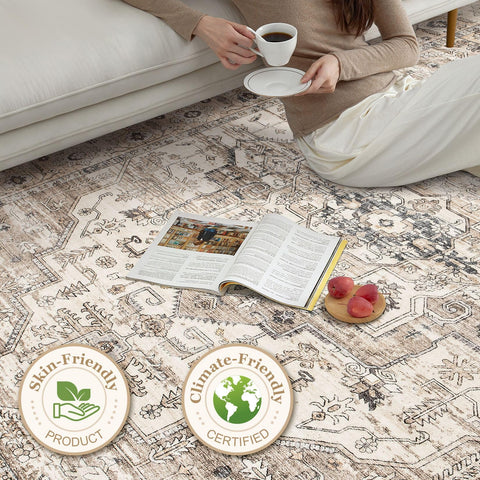 ZUNTKON tea brown area rug 8x10 in dining room with vintage pattern