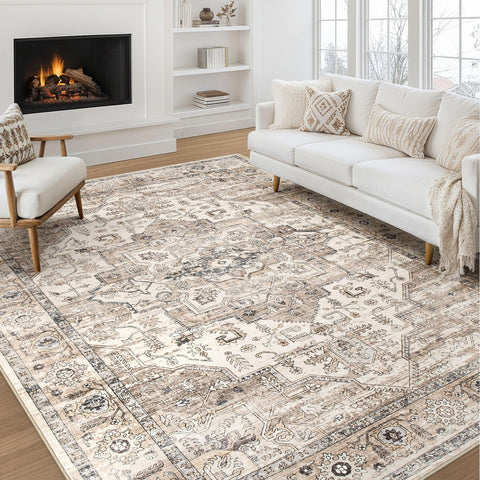 ZUNTKON tea brown area rug living room view with non-slip backing and warm retro charm