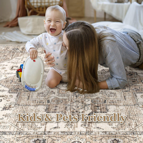 ZUNTKON tea brown area rug non-slip backing keeps it in place on hard floors