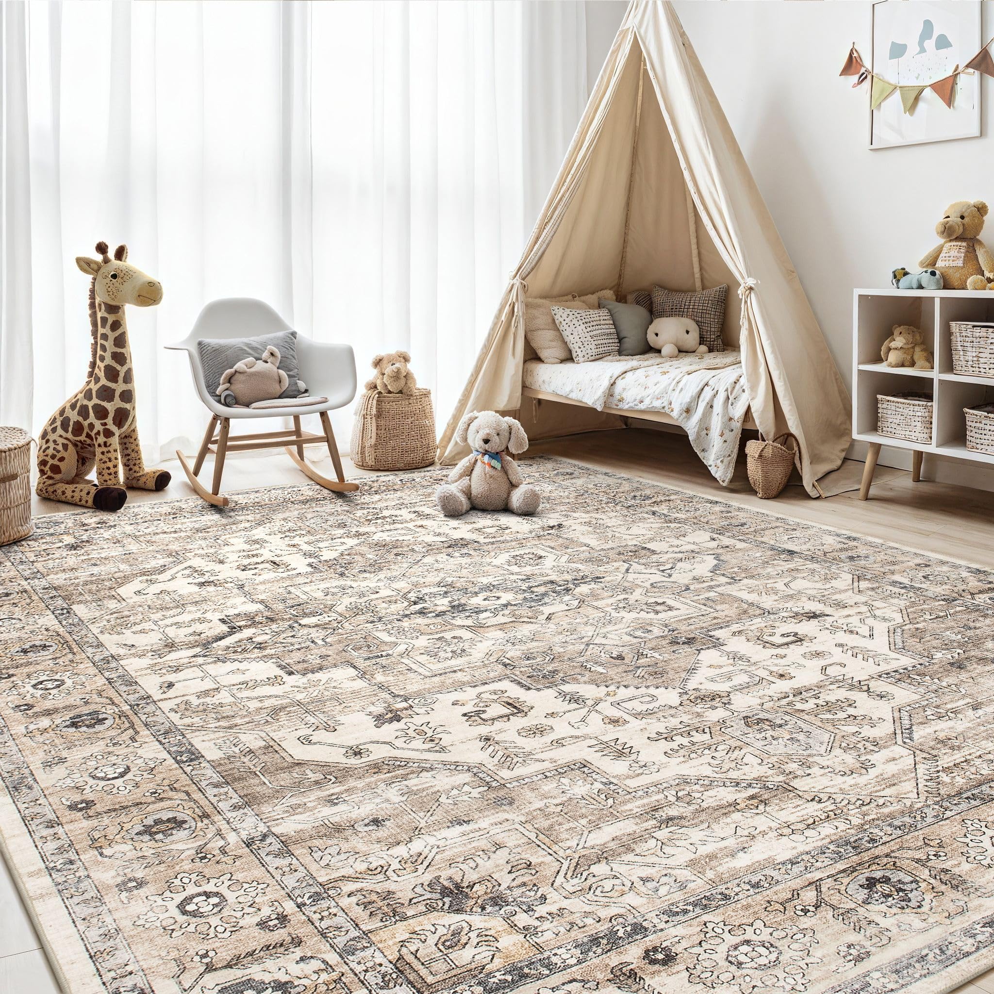 ZUNTKON tea brown area rug oriental retro pattern for farmhouse-inspired decor