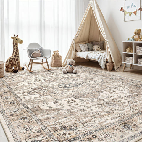 ZUNTKON tea brown area rug oriental retro pattern for farmhouse-inspired decor