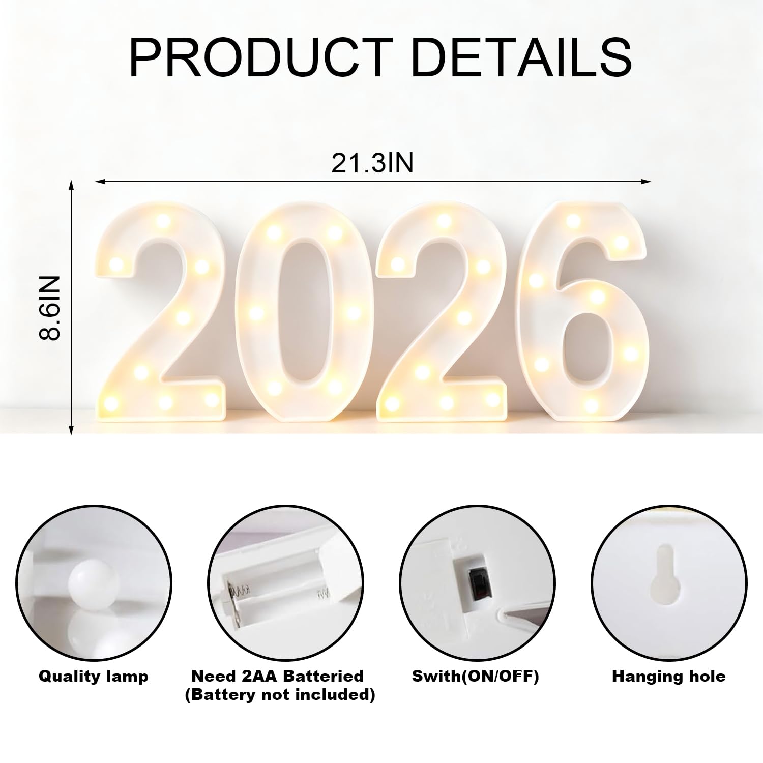 ZUOKEMY battery-powered 2026 sign providing cordless placement for flexible decorating