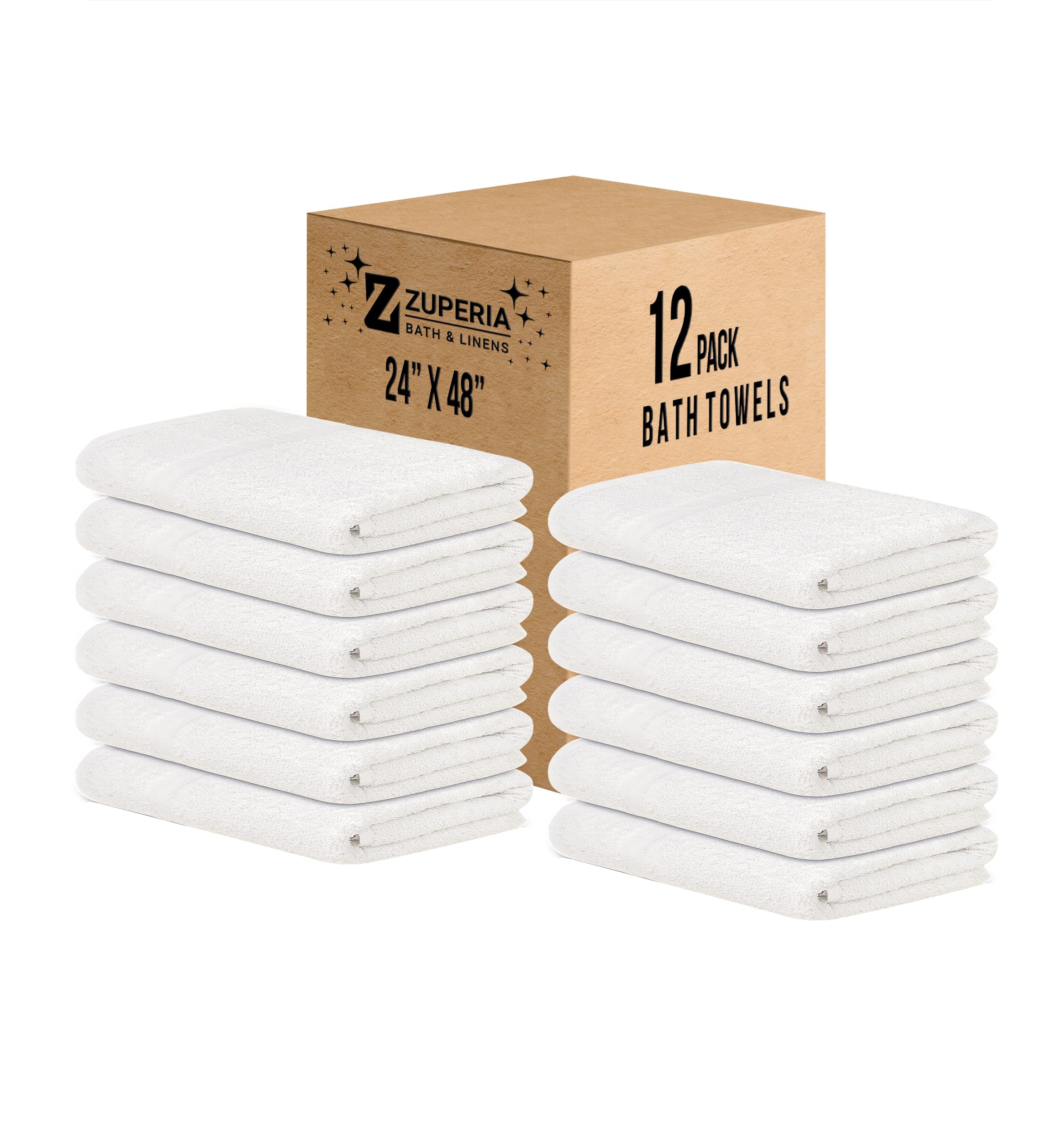 Zuperia white bath towel 24x48 pack on display showing soft texture and bulk value