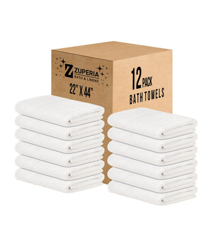 ZUPERIA white bath towels bulk 12 pack 22x44 inches for daily hospitality use.