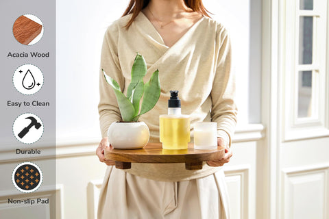 Zurklulu acacia wood pedestal stand side view highlighting elevated surface for organized spaces.
