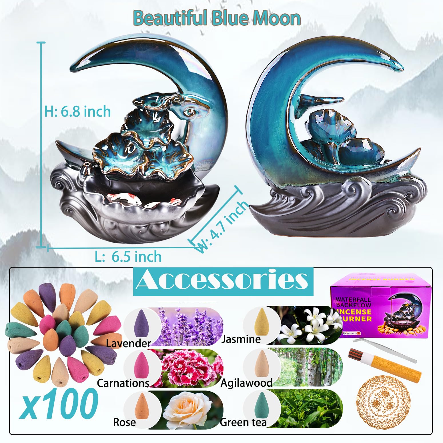 Zvaiuk ceramic incense fountain waterfall emphasizes soothing ambience for living room relaxation.