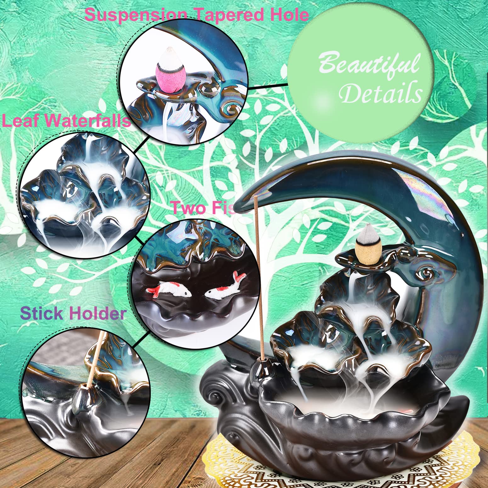Zvaiuk moon shape incense burner highlights lotus and waves for peaceful night decor.