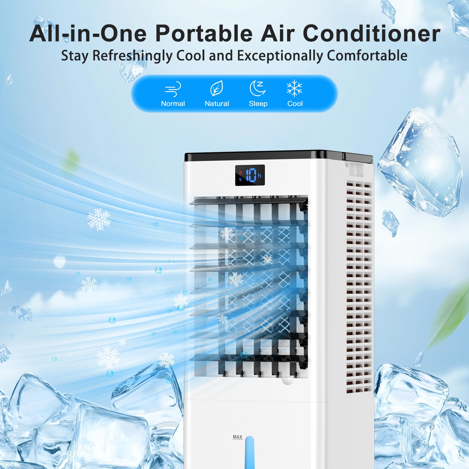 ZVVSXY evaporative cooler with 8L water tank for long-lasting refreshment.