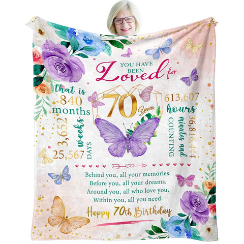 ZWERIVP 70th birthday blanket featuring butterflies and flowers for a special celebration.