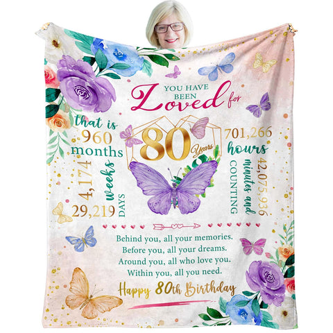 ZWERIVP 80th birthday blanket with butterfly design, a cozy gift idea for mom