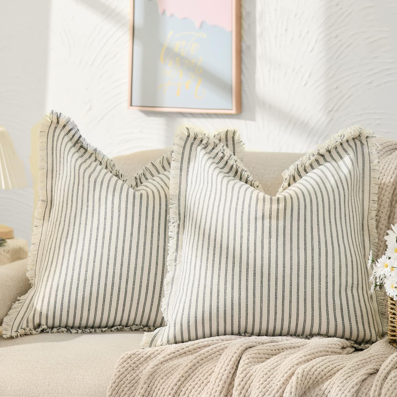 ZWJD throw pillow cover striped fringe 18x18 gray on sofa, adding texture.