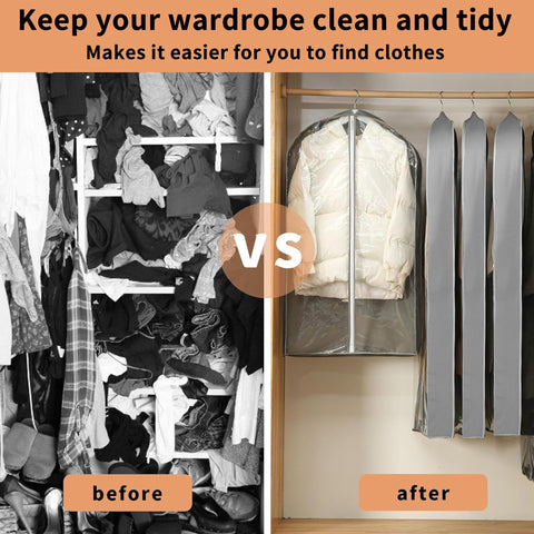 ZYKOYA closet organization with garment bags in a wardrobe
