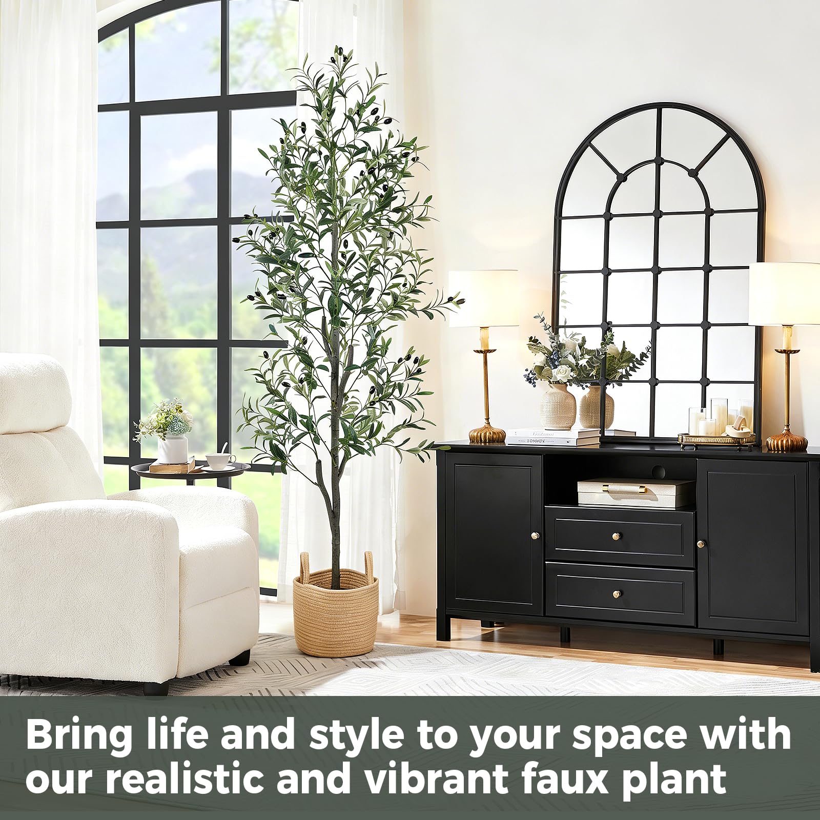 Zynaro 6ft olive tree shows detailed olive fruits for authentic decor accents.