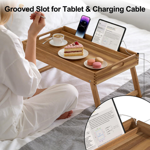 Zyraflux bed tray with 7.9-inch raised leg space for comfortable seating.