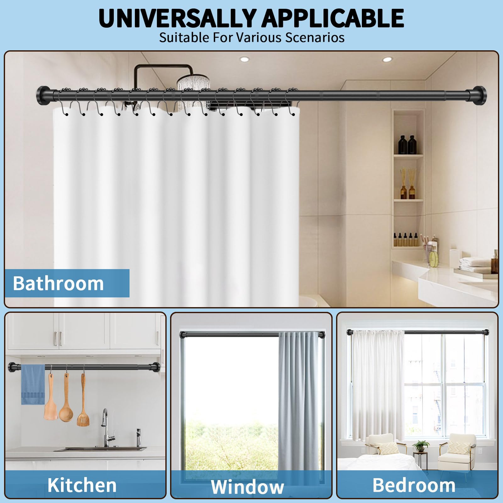 ZYRW versatile design works as shower or window curtain rod.