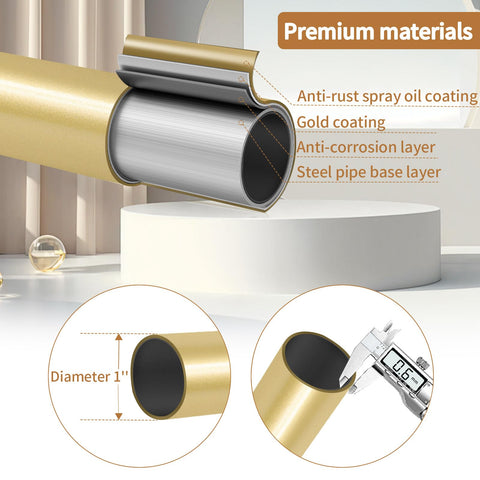 ZYRW Gold Curtain Rod 1-inch diameter offers sturdy support for heavy drapes.