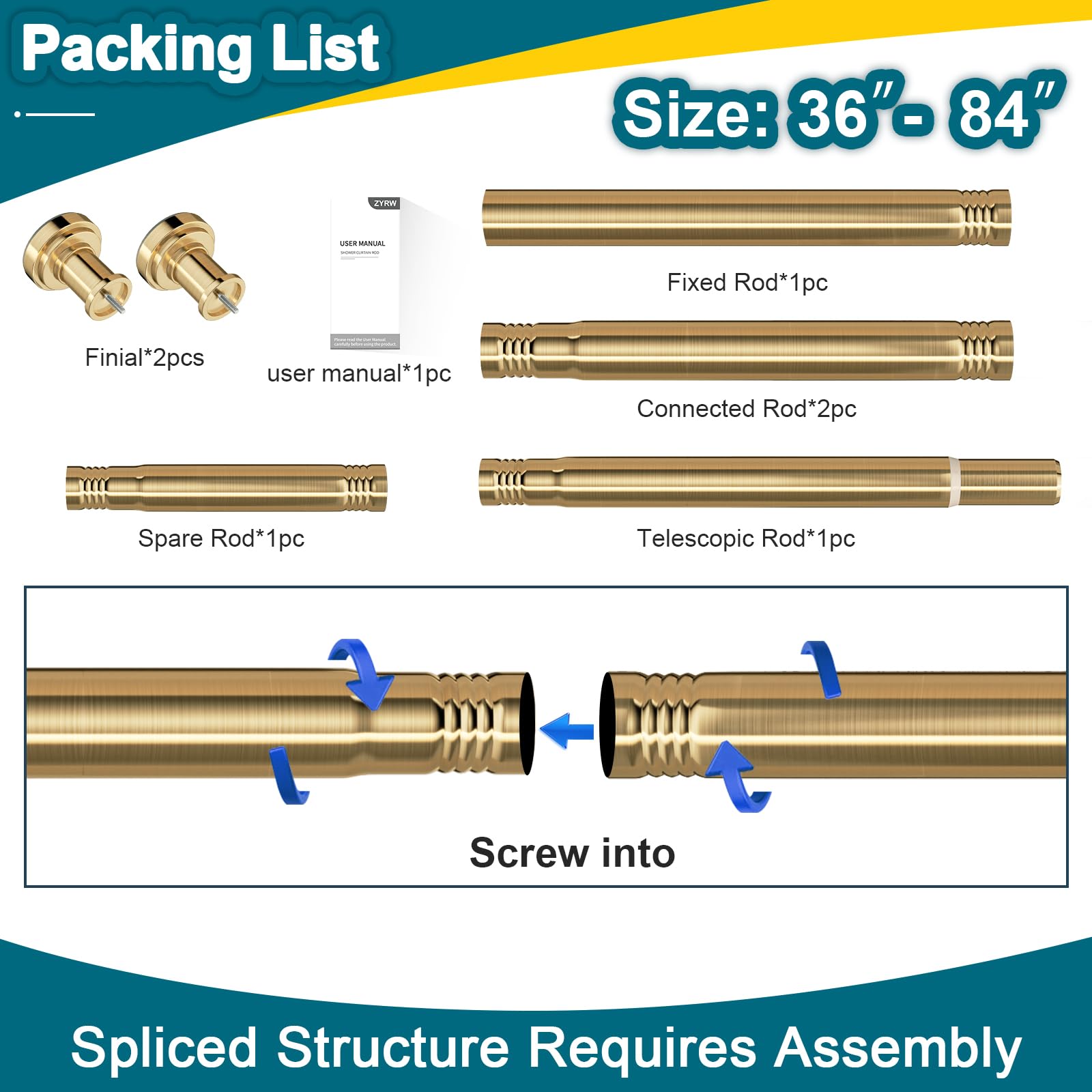 ZYRW Gold Tension Rod renter-friendly metal design leaves no wall marks.
