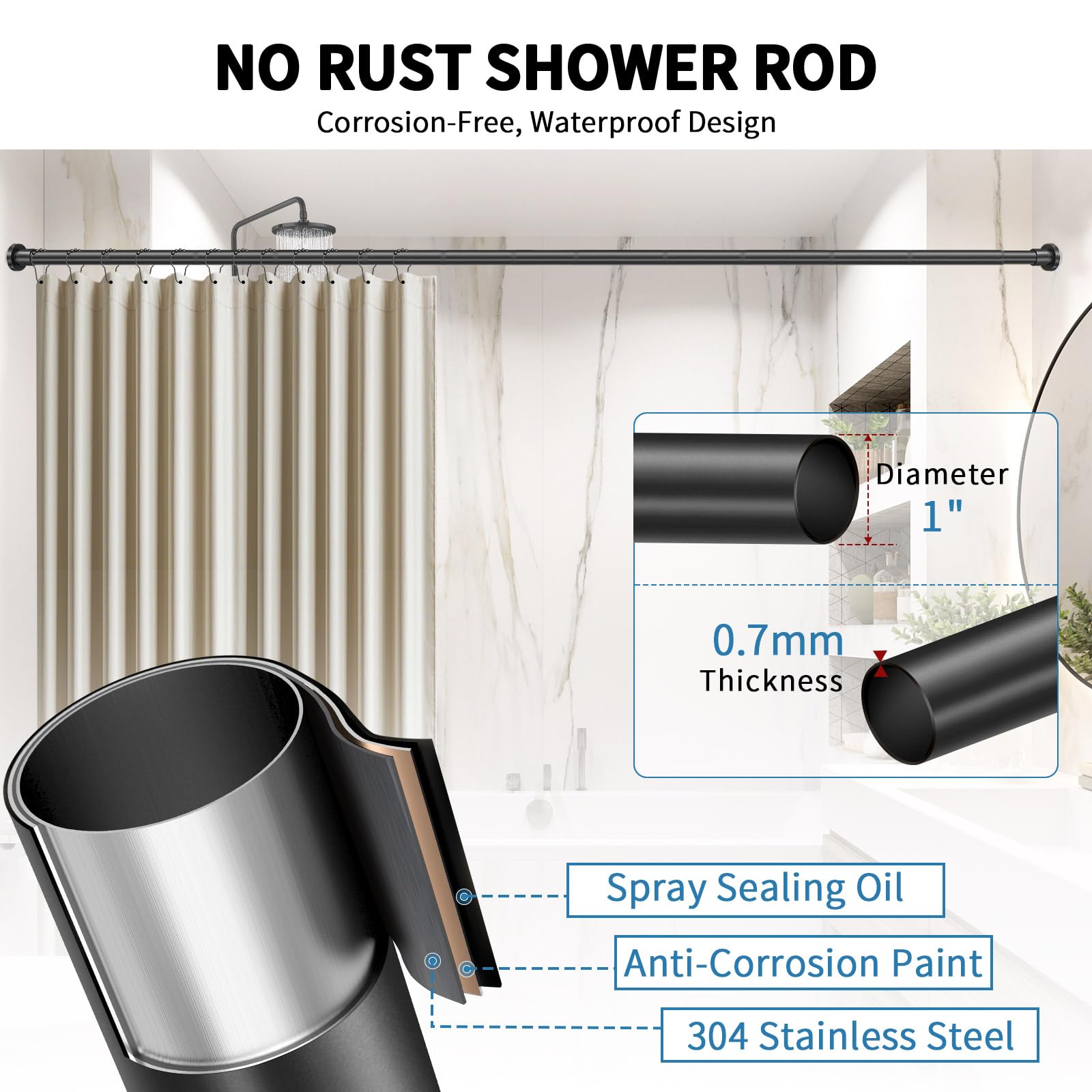 ZYRW stainless steel shower rod resists rust in humid bathrooms.