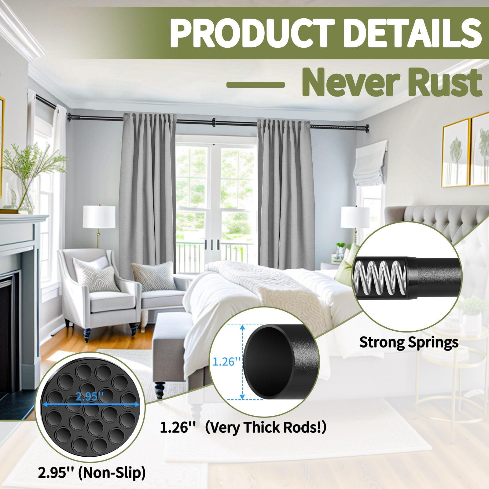 ZYRW tension curtain rod 44lbs capacity supports heavy curtains