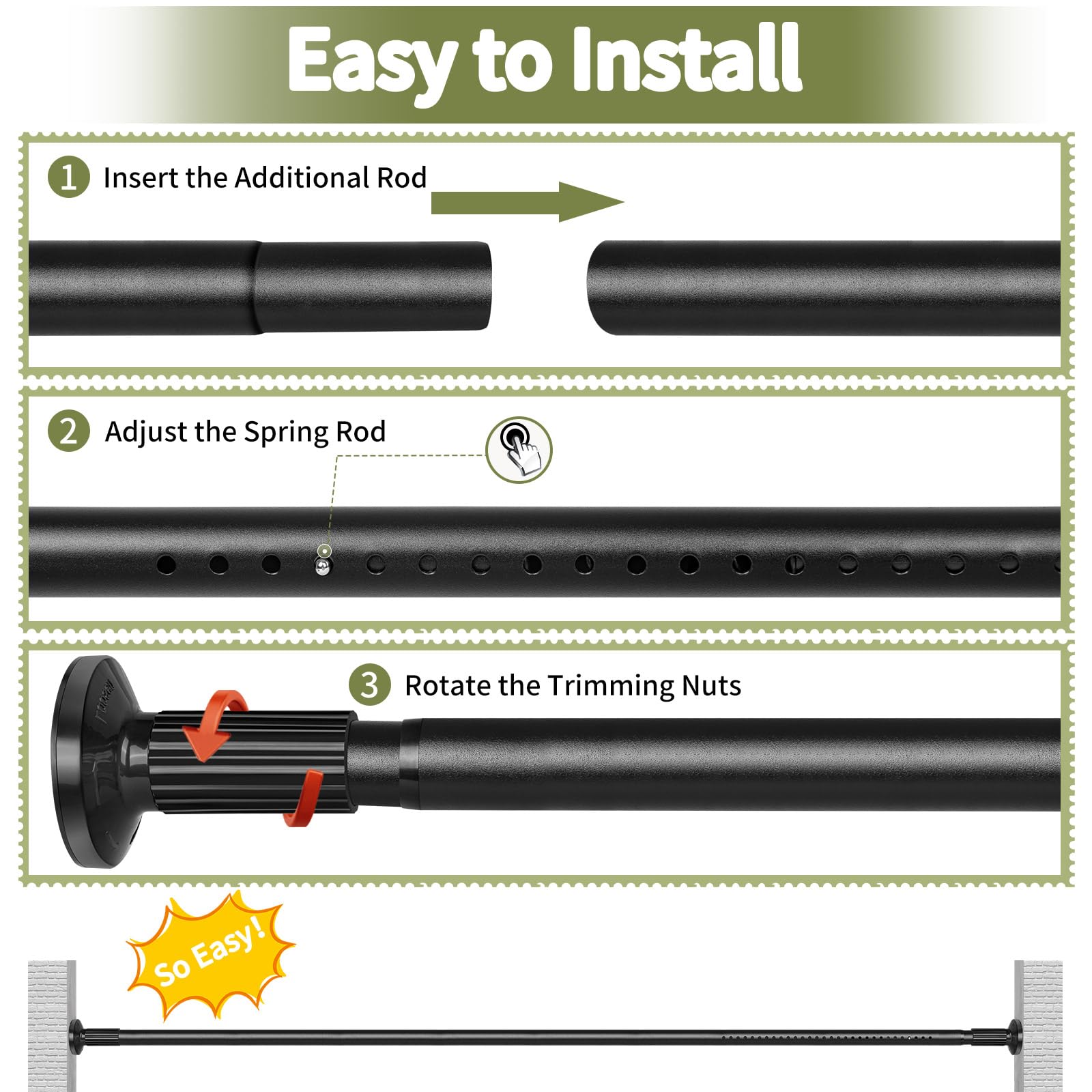 ZYRW tension rod installs with rotation, no tools required.