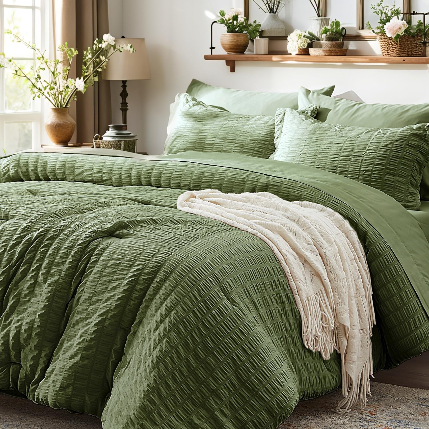 Zzlpp king size comforter set in olive green seersucker for all season warmth