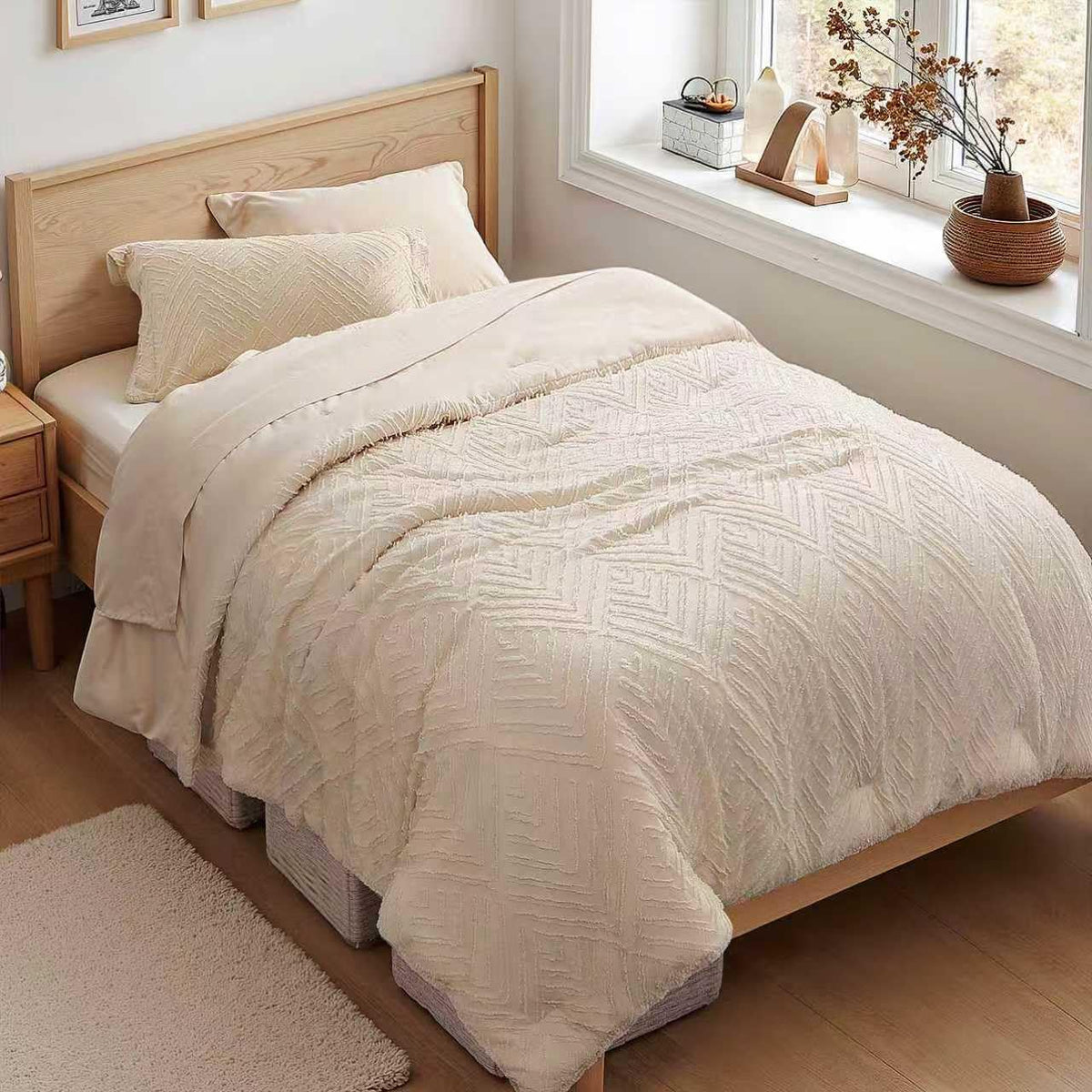 Zzlpp twin comforter in beige with tufted design for a cozy, stylish bedroom