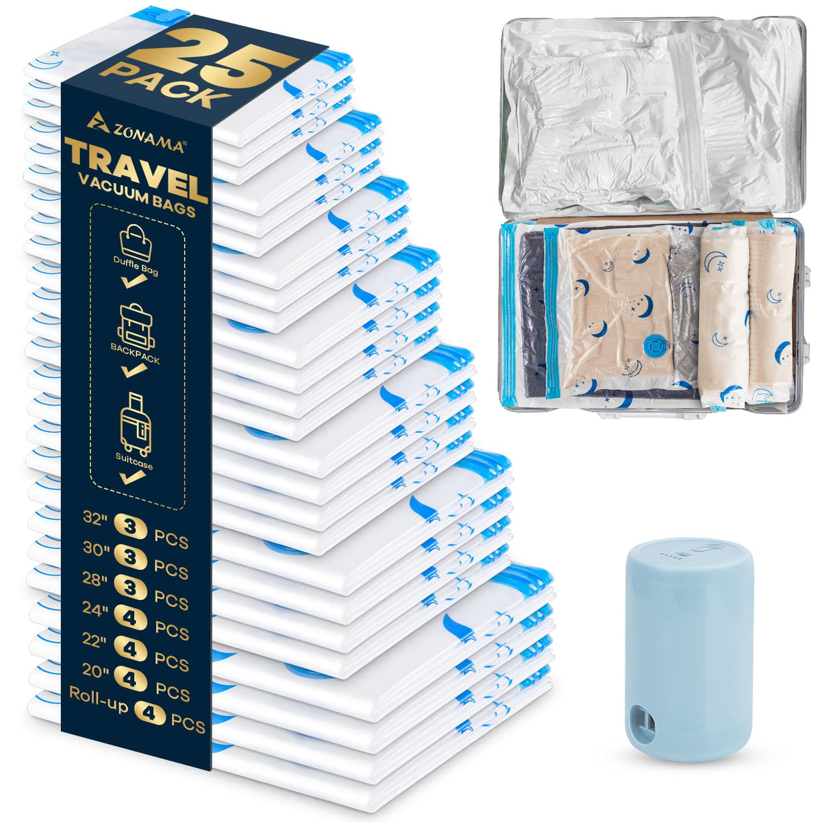 Z ZONAMA travel compression bags 25-pack on display for organized storage