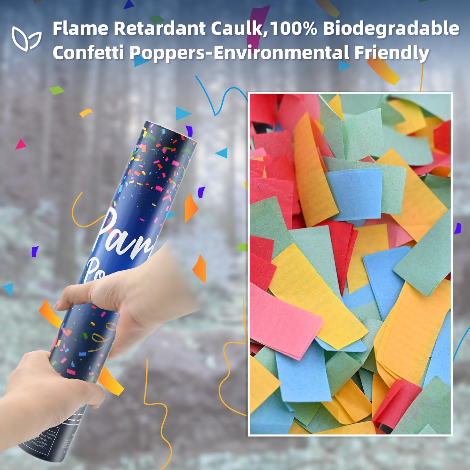 ZZPAKUE biodegradable confetti poppers closeup highlighting eco friendly option